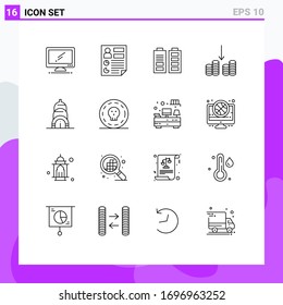User Interface Pack of 16 Basic Outlines of chrysler; cashing; page; cash; power Editable Vector Design Elements