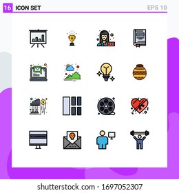 User Interface Pack of 16 Basic Flat Color Filled Lines of laptop; computer; journalist; story; gdpr Editable Creative Vector Design Elements