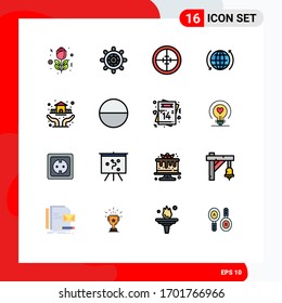User Interface Pack of 16 Basic Flat Color Filled Lines of house; protection; military; arrow; globe Editable Creative Vector Design Elements