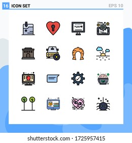 User Interface Pack of 16 Basic Flat Color Filled Lines of car; house; health; building; data management Editable Creative Vector Design Elements