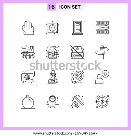 User Interface Pack of 16 Basic Outlines of bottle; stretcher; door; medical equipment; server Editable Vector Design Elements