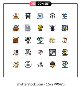 User Interface Pack of 25 Basic Filled line Flat Colors of law; drum; arrow; soccer; ball Editable Vector Design Elements