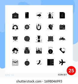 User Interface Pack of 25 Basic Solid Glyphs of document; bottle; android; alcohol; right Editable Vector Design Elements