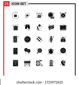 User Interface Pack of 25 Basic Solid Glyphs of target customer; seo; lock; live update; clock Editable Vector Design Elements