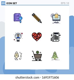 User Interface Pack of 9 Basic Filledline Flat Colors of heart; person; online; light; bulb Editable Vector Design Elements