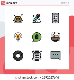 User Interface Pack of 9 Basic Filledline Flat Colors of lock; tips; multimedia; light bulb; valentine Editable Vector Design Elements