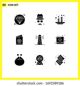 User Interface Pack of 9 Basic Solid Glyphs of navigation; lighthouse; holi; identification card; card Editable Vector Design Elements