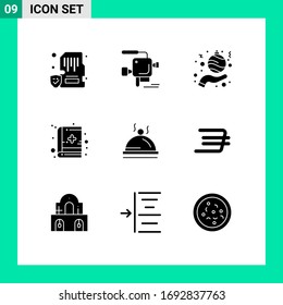 User Interface Pack of 9 Basic Solid Glyphs of dish; medical education; film camera; medical book; hand Editable Vector Design Elements
