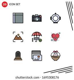 User Interface Pack of 9 Basic Filledline Flat Colors of tick; gdpr; diving; photography; focus Editable Vector Design Elements