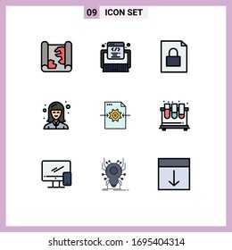 User Interface Pack of 9 Basic Filledline Flat Colors of setting; file; document; woman; girl Editable Vector Design Elements