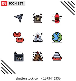 User Interface Pack of 9 Basic Filledline Flat Colors of play; fun; bottle; rocket; bean Editable Vector Design Elements