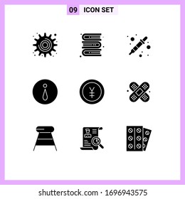 User Interface Pack of 9 Basic Solid Glyphs of yen; finance; color sampler; currency; info Editable Vector Design Elements