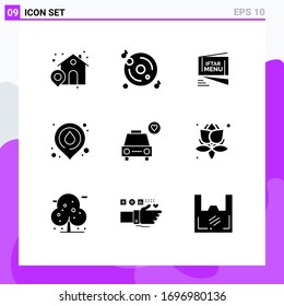 User Interface Pack of 9 Basic Solid Glyphs of love; location; menu; map; fire Editable Vector Design Elements