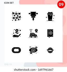 User Interface Pack of 9 Basic Solid Glyphs of flower; technology; cleaning; map; car Editable Vector Design Elements