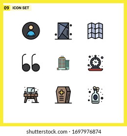 User Interface Pack of 9 Basic Filledline Flat Colors of top; skyscaper; shield; building; open Editable Vector Design Elements