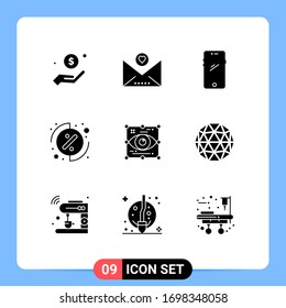User Interface Pack of 9 Basic Solid Glyphs of design; percentage; phone; menu; smart phone Editable Vector Design Elements