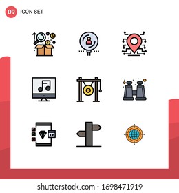 User Interface Pack of 9 Basic Filledline Flat Colors of video; media; professional; audio; secure Editable Vector Design Elements