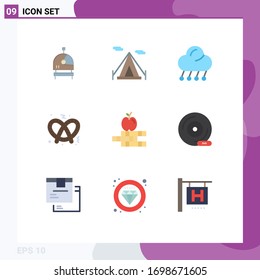 User Interface Pack of 9 Basic Flat Colors of cd; books; moon; apple; pretzel Editable Vector Design Elements