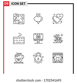 User Interface Pack of 9 Basic Outlines of board; type; affection; keyboard; love hearts Editable Vector Design Elements
