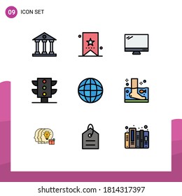 User Interface Pack of 9 Basic Filledline Flat Colors of traffic; light; tag; pc; device Editable Vector Design Elements
