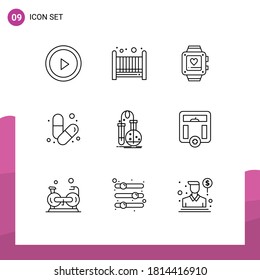 User Interface Pack of 9 Basic Outlines of flask; testing; heart; pills; health Editable Vector Design Elements