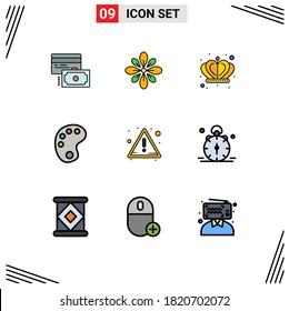 User Interface Pack of 9 Basic Filledline Flat Colors of attention; paint; hindu; education; king Editable Vector Design Elements