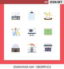 User Interface Pack of 9 Basic Flat Colors of education; computer; candles; song; guitar Editable Vector Design Elements