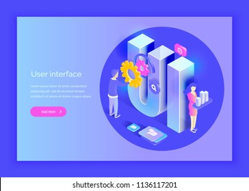 User interface. People interact with parts of the interface. Create a user interface. Modern vector illustration isometric style.