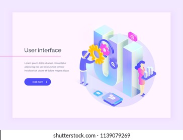 User interface. People interact with parts of the interface. Create a user interface. Modern vector illustration isometric style.	