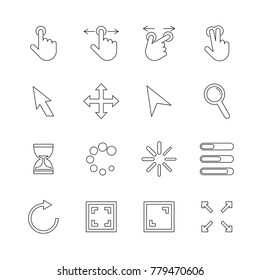 User Interface Pointer Line Icon. Contain touch, slide, double tap, click, scale, find. Include wait, loading, refresh, and screen, adjustment. Editable stroke vector.
