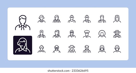 Interfaz de usuario y profesiones conjunto de iconos de avatares de línea. Colección de símbolos de esquema. Razo vector modificable. 384 y 192 Pixel Perfect escalable a 96px, 48px...