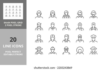 User interface and professions avatars, thin line icon set. Outline symbol collection. Editable vector stroke. 64 and 256 Pixel Perfect scalable to 128px