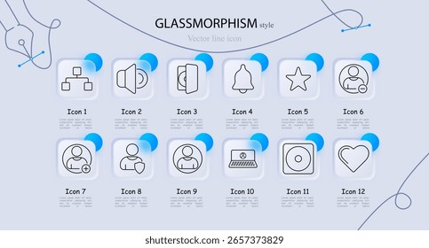 User interface and profile set icon. Includes speaker, bell, hierarchy, star, profile, laptop, heart, shield, volume, add, remove, and account-related visuals.