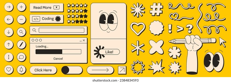 User interface in retro neobrutalism style. Elements for UI UX design. Naive palayful shapes and face. Monochrome elements on a yellow background. Vector illustrations.