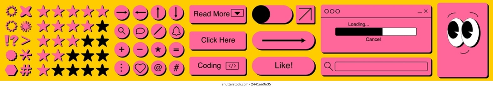 User interface in retro neobrutalism style. Elements for UI UX design. Naive palayful shapes and face. Monochrome elements on a yellow background. Vector illustrations.