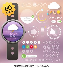 User interface set for clock, watch. Collection of icons and buttons. Eps 10 vector illustration.