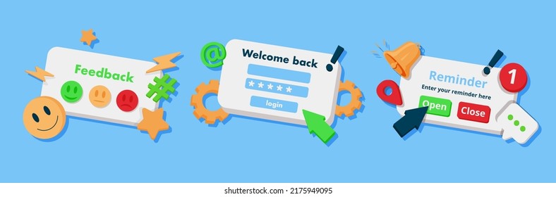 User interface. A set of flat UI and UX elements: dialog box, tab, button, modal window. Collection of OS messages, notifications, widgets. Trendy vector illustration.