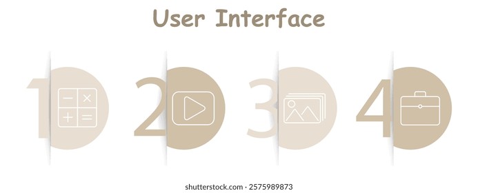 User interface set icon. Calculator grid, play button, photo gallery, briefcase, organization, tools, multimedia, workspace