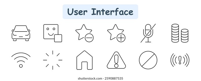 User interface set icon. Car, emoji, rating, favorite, mute, stack, WiFi, loading, home, warning, restriction, alert.