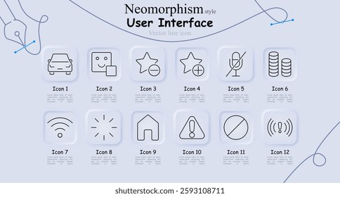 User interface set icon. Car profile, emoji settings, favorite selection, favorite add, microphone mute, stacked coins, wifi, loading screen, home, warning, restricted content, signal alert.