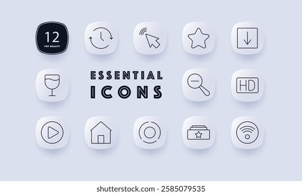 User interface set icon. Click action, search, settings, clock, television, shield protection, play button, home, folder, internet connection, high-definition, media