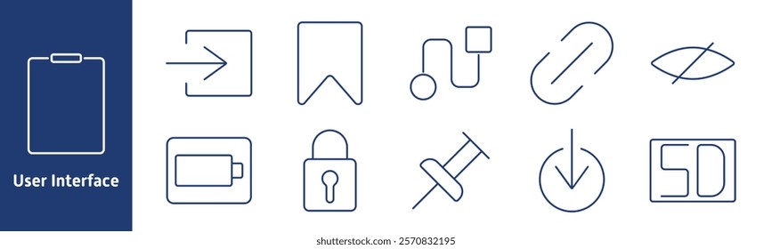 User interface set icon. Clipboard, arrow, bookmark, chart, link, hidden, battery, lock, pin, power button, SD card, navigation, access, security