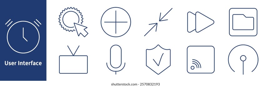 User interface set icon. Clock, cursor, crosshair, resize, play, folder, TV, microphone, shield, network, settings, security, media, communication