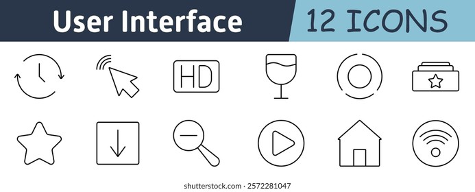 User interface set icon. Clock, pointer, HD display, wine glass, star icon, play button, magnifying glass, file, folder, shield, TV, connectivity, multimedia, navigation