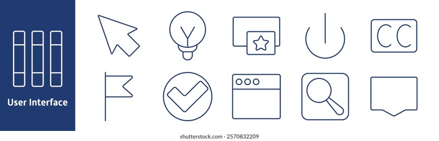 User interface set icon. Cursor, light bulb, star, power button, closed caption, flag, search, window, check mark, dialogue box, application, interaction, design