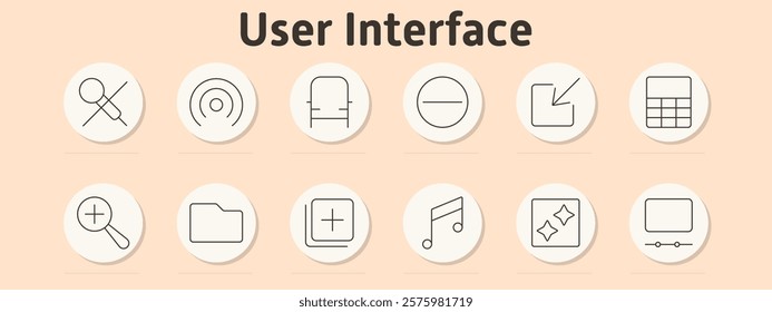 User interface set icon. Disabled microphone, radar, chair, remove icon, export, grid, zoom, folder, add, music note, stars, screen settings