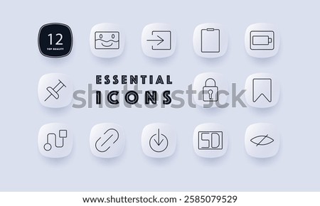 User interface set icon. Emoji, exit, clipboard, battery, push pin, lock, bookmark, workflow, hyperlink, download, SD card, hidden view