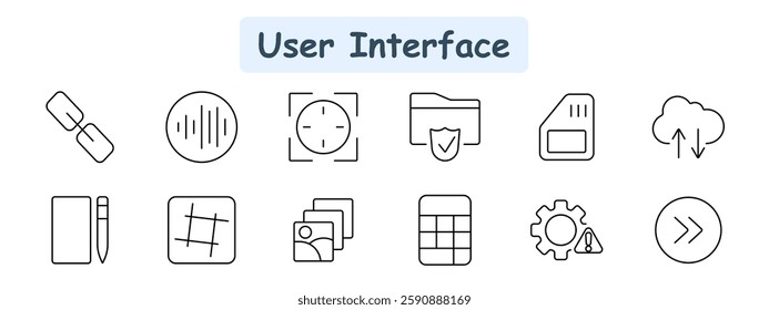 User interface set icon. Link, sound wave, target, folder security, memory card, cloud storage, notebook, grid, gallery, table, settings, fast forward.