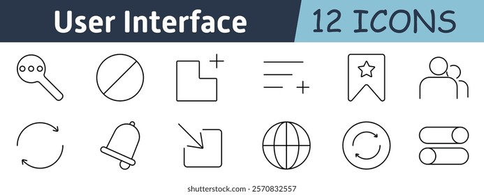 User interface set icon. Magnifier, restrict, add feature, alignments, bookmark, user group, loop, bell, expand, globe, cycle toggle, switch for interface controls