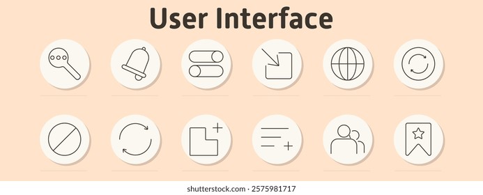 User Interface set icon. Magnifier, notification bell, toggle switches, minimize, globe, refresh, block symbol, rotation arrow, add square, user profile, bookmark with star.